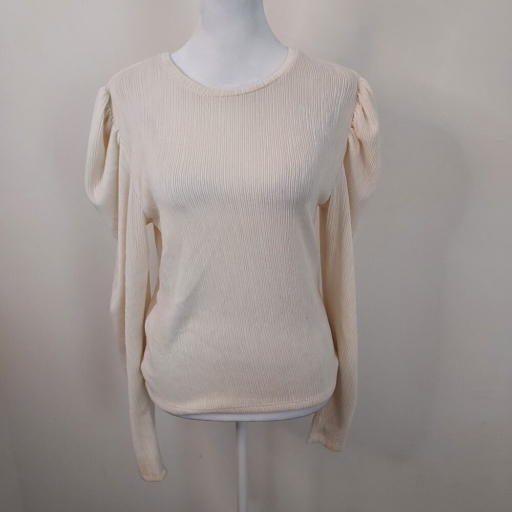 Zara Puff Shoulder Long Sleeve Ribbed Textured Cream Top Size Small